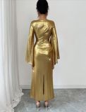 SC Hot Stamp Long-Sleeve Crew Neck Maxi Dress GRNH-28828