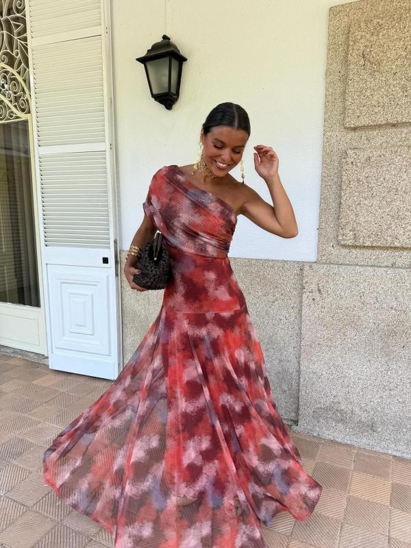 SC Print Slash Shoulder Pleated Maxi Dress GRNH-28836