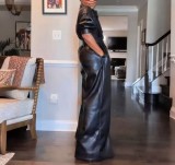 SC PU Leather Retro Loose Jumpsuit GRNH-28715