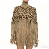 SC Leopard Print Tassel Shawl Tops GRNH-8888