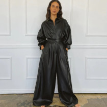SC PU Leather Retro Loose Jumpsuit GRNH-28715