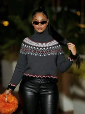 SC High-Neck Contrast-Color Knit Top Sweater ZSD-0348