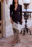 SC Deep V Neck Tassel Maxi Dress GRNH-28833