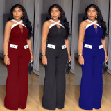 SC Plus Size Contrast Color Cross Halterneck Loose Jumpsuit NY-11216