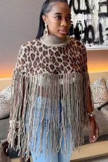 SC Leopard Print Tassel Shawl Tops GRNH-8888