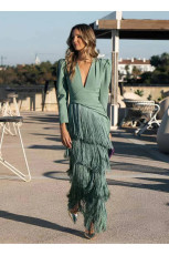 SC Deep V Neck Tassel Maxi Dress GRNH-28833