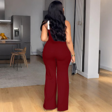 SC Plus Size Contrast Color Cross Halterneck Loose Jumpsuit NY-11216