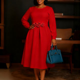 SC Plus Size Long-sleeve Floral  Solid Color Midi Dress GATE-602