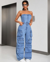 SC Plus Size Wrap Chest Denim Loose Jumpsuit GAKF-A40707