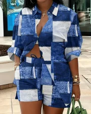 SC Plus Size Print Long Sleeve Shirt Two Piece Short Set GSRX-9060
