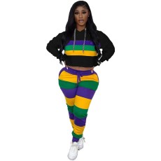 SC Sport Stripe Print Hooded Two Piece Pants Set GYXF-9099