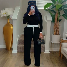 SC Contrast Color Long Sleeve Pants Suit QYMF-3158