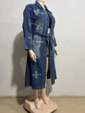 SC Plus Size Denim Cross Embroidered Long Trench Coat GAKF-A41016