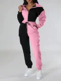 SC Contrast Color Patchwork Sport Hooded Two Piece Pants Set GWSF-383799773
