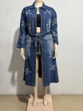 SC Plus Size Denim Cross Embroidered Long Trench Coat GAKF-A41016