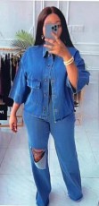SC Denim Long Sleeve Shirt Holes Jeans 2 Piece Set GMYU-6386