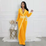 SC Color Block Long Sleeve Tie Up Jumpsuit QYMF-3249
