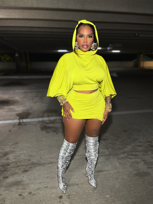 SC Hooded Puff-Sleeve Top and Pleated Skirt Two-Piece Set BMF-GL602