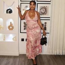 SC V Neck Halterneck Backless Print Long Dress GMYU-9554