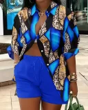 SC Plus Size Print Long Sleeve Shirt Two Piece Short Set GSRX-9060