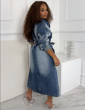 SC Plus Size Denim Cross Embroidered Long Trench Coat GAKF-A41016