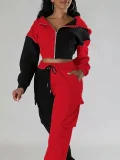 SC Contrast Color Patchwork Sport Hooded Two Piece Pants Set GWSF-383799773