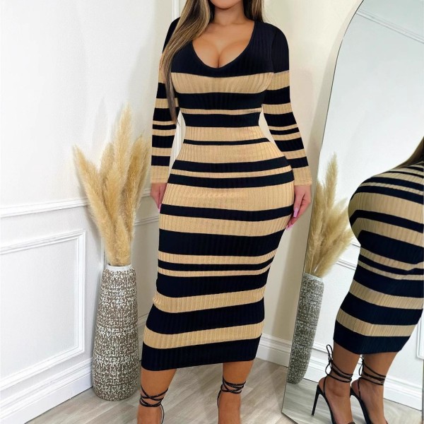 SC Stripe Print Long Sleeve Midi Dress GWSF-T239797084