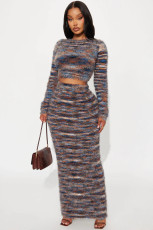 SC Fashion Long Sleeve Knits Two Piece Skirts Set QXTF-8512