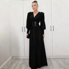 SC Retro Waist Cincher V-Neck Long-Sleeve Maxi Dress XEF-K25D83120