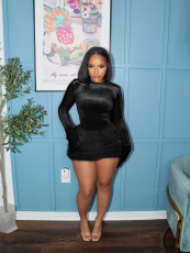 SC Long Sleeve Solid Bodysuit Fuzzy Skirt 2 Piece Set BMF-TW779