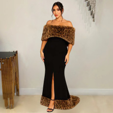 SC Leopard Print Furzzy Collar Maxi Dress YF-250917