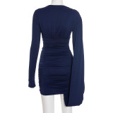 SC Solid Color Long Sleeve Pleated Mini Dress GSZM-D25DS472