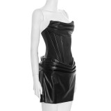 SC Wrap Chest PU Leather Pleated Mini Dress GSZM-D25DS451