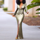 SC Long Sleeve V Neck Pleated Maxi Dress YF-20090