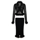 SC Tie Up Leopard Print Fuzzy Patchwork Two-Piece Skirt Set GPKJ-MR44062/44063