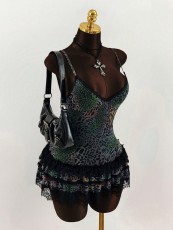 SC Leopard-print Scarf-neck Ruffled Mini Dress GXIY-K25L1106