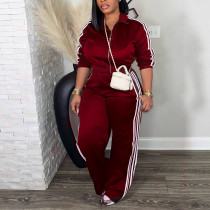 SC Plus Size Stripe Patchwork Zipper Two Piece Pants Set ZDF-33306