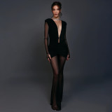 SC Mesh Pleated Deep V Neck Jumpsuit SHD-9571