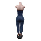 SC Fashion Denim Wrap Chest Two Piece Pants Set  MEM-88669