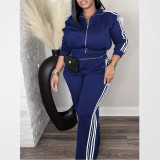 SC Plus Size Stripe Patchwork Zipper Two Piece Pants Set ZDF-33306