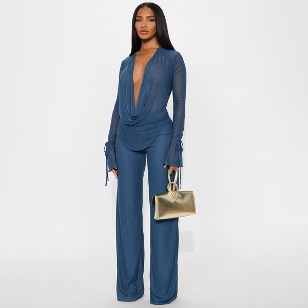 SC Mesh Long Sleeve Tops Two Piece Pants Set SHD-9570