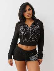 SC Letter Print Long Sleeve Hooded Shorts Suit GFCF-1416