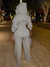 SC Solid Color Hooded Tie Up Two Piece Pants Set TK-6347