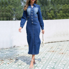 SC Lapel Neck Long Sleeve Denim Maxi Dress GDAM-218776