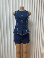 SC Plus Size Diamond-studded Metal Buckle Top And Shorts Set GMYU-6673