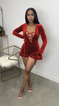 SC Velvet Long-Sleeve Lace-Up Jumpsuit GCYF-9162