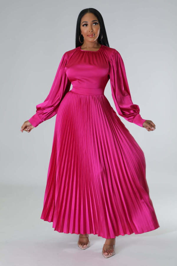 SC O Neck Press Pleated Maxi Dress GCYF-9446