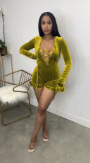 SC Velvet Long-Sleeve Lace-Up Jumpsuit GCYF-9162