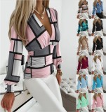 SC Long Sleeve Fashion V-Neck Printed Blouses GSZE-ST23257