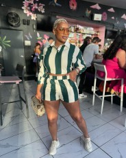 SC Stripe Long Sleeve 2 Piece Shorts Set GXKQ-SX0504